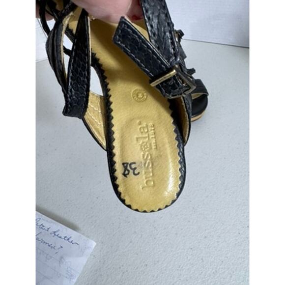 "BUSSOLA" Black Wedge Summer Sandals Strappy Metal Accents Size 7.5 (38) Cork - Picture 6 of 9